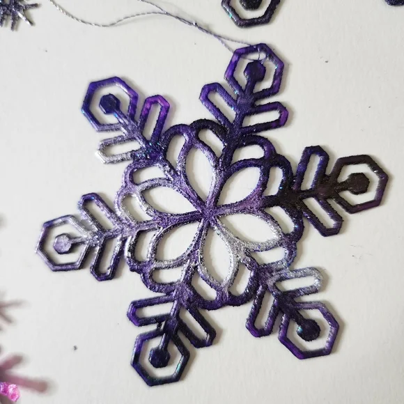 6 HANDCRAFTED Upcycled Plastic Snowflakes HANDPAINTED Holiday Ornaments Decor - Picture 7 of 17